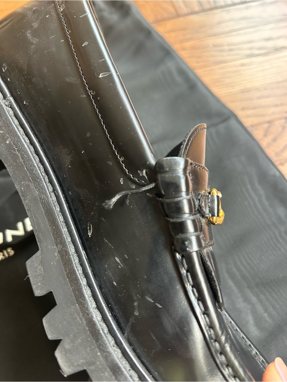 Celine Black Leather Fringe Loafers with Gold Chain Accent - Picture 9 of 9